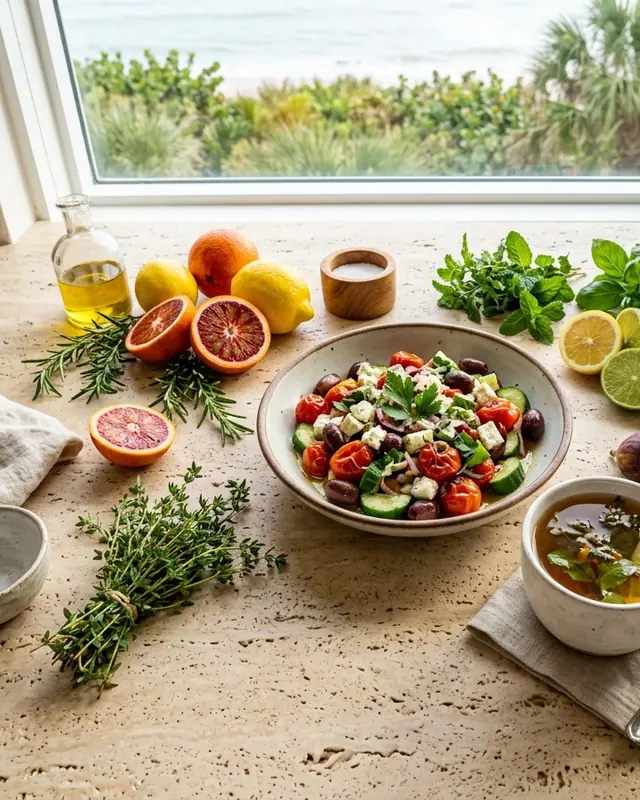 Mediterranean-style nutrition plan with fresh produce for a medical weight loss program